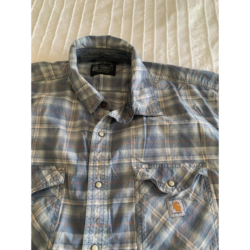 Carhartt Mens 3XL Plaid Workshirt Short Sleeve Rugged Relaxed Fit Pearl Snap